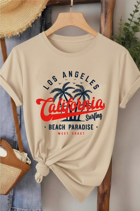California Beach Paradise - Bej Baskılı Pamuk T-shirt