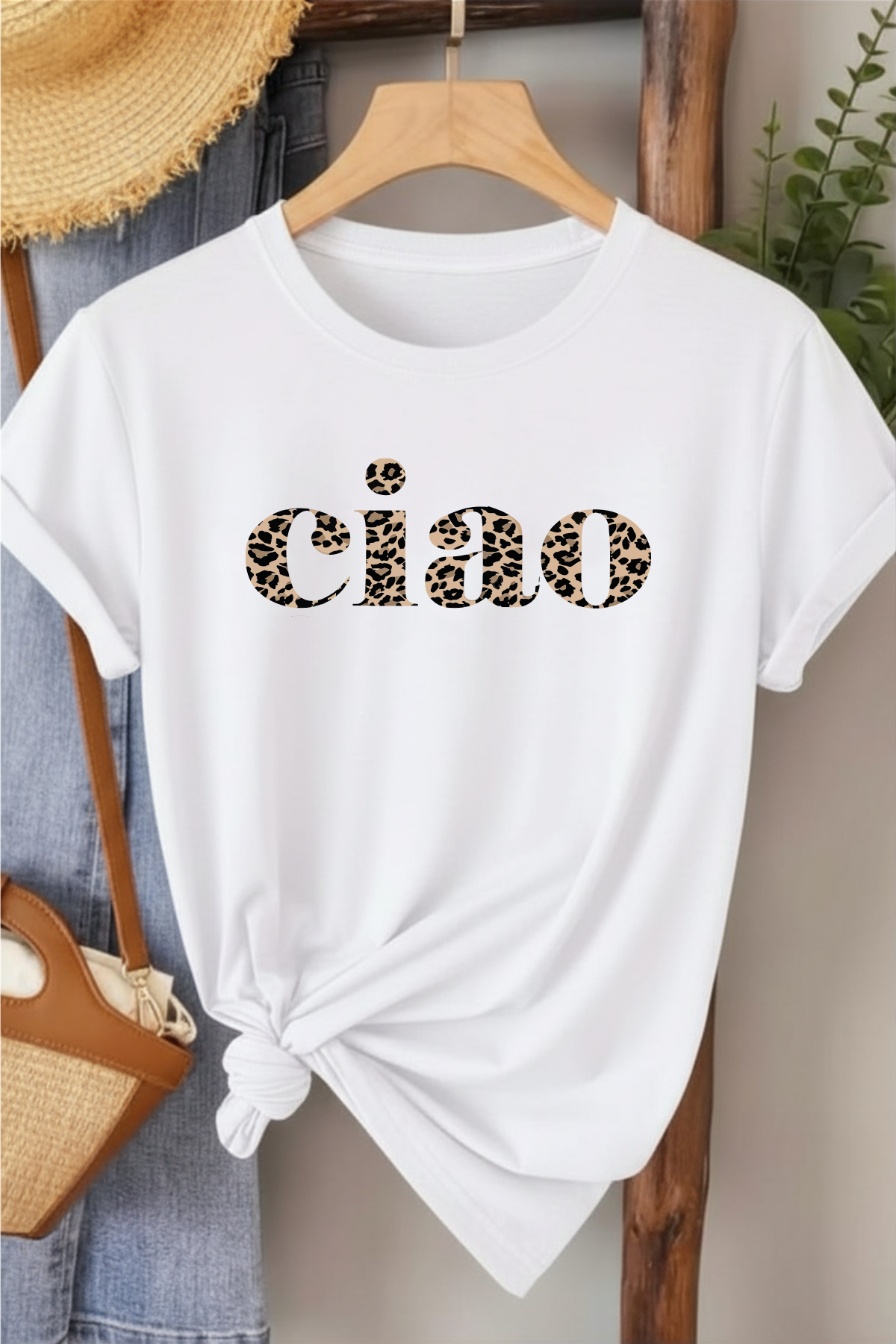 Ciao Leopar Desen - Beyaz Baskılı Pamuk T-shirt