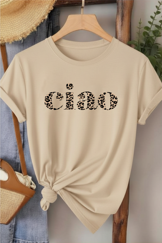 Ciao Leopar Desen - Bej Baskılı Pamuk T-shirt