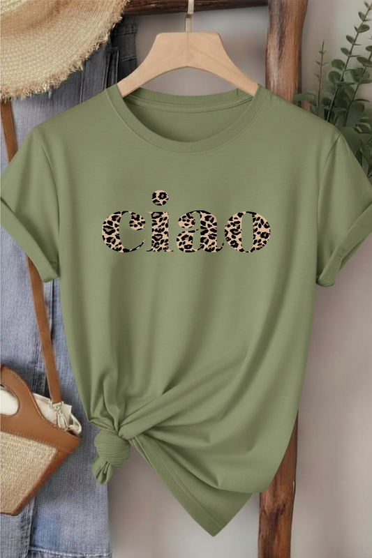 Ciao Leopar Desen - Haki Yeşili Baskılı Pamuk T-shirt