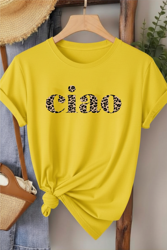 Ciao Leopar Desen - Sarı Baskılı Pamuk T-shirt