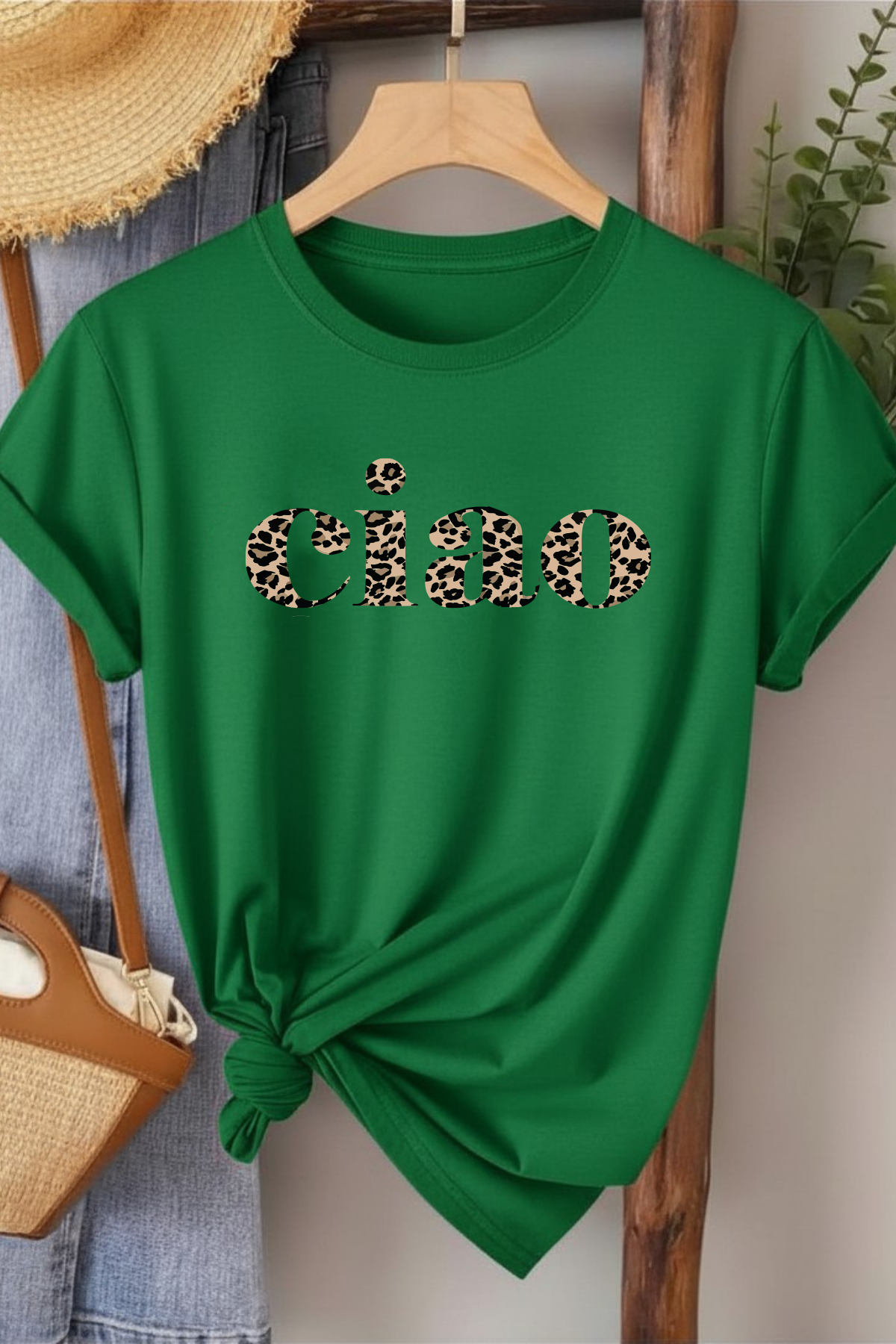 Ciao Leopar Desen - Yeşil Baskılı Pamuk T-shirt