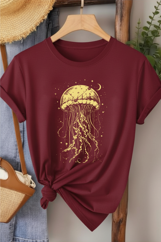 Denizanası  - Bordo Baskılı Pamuk T-shirt