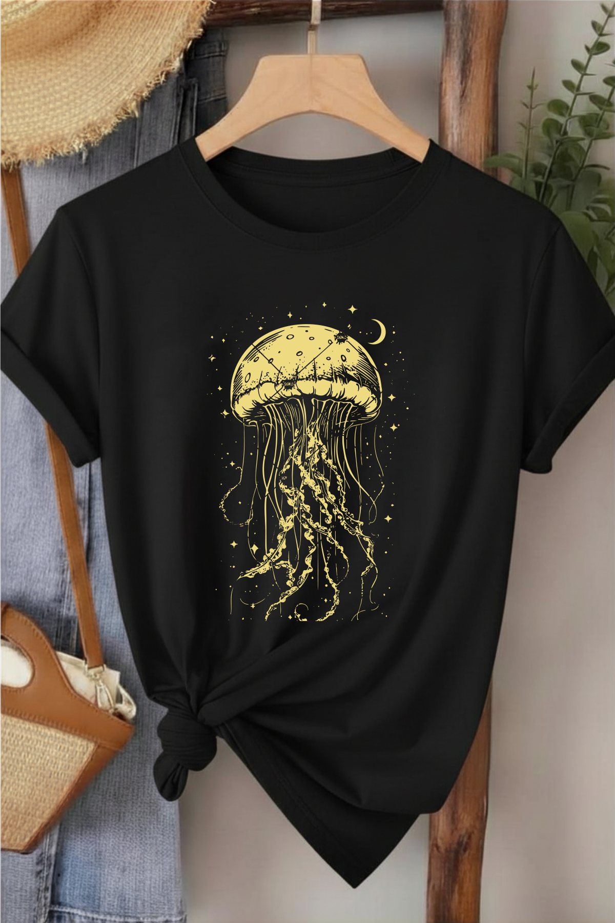 Denizanası  - Siyah Baskılı Pamuk T-shirt