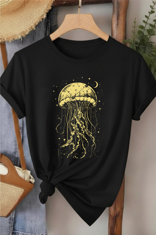 Denizanası  - Siyah Baskılı Pamuk T-shirt