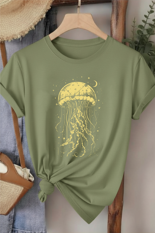 Denizanası  - Haki Yeşili Baskılı Pamuk T-shirt
