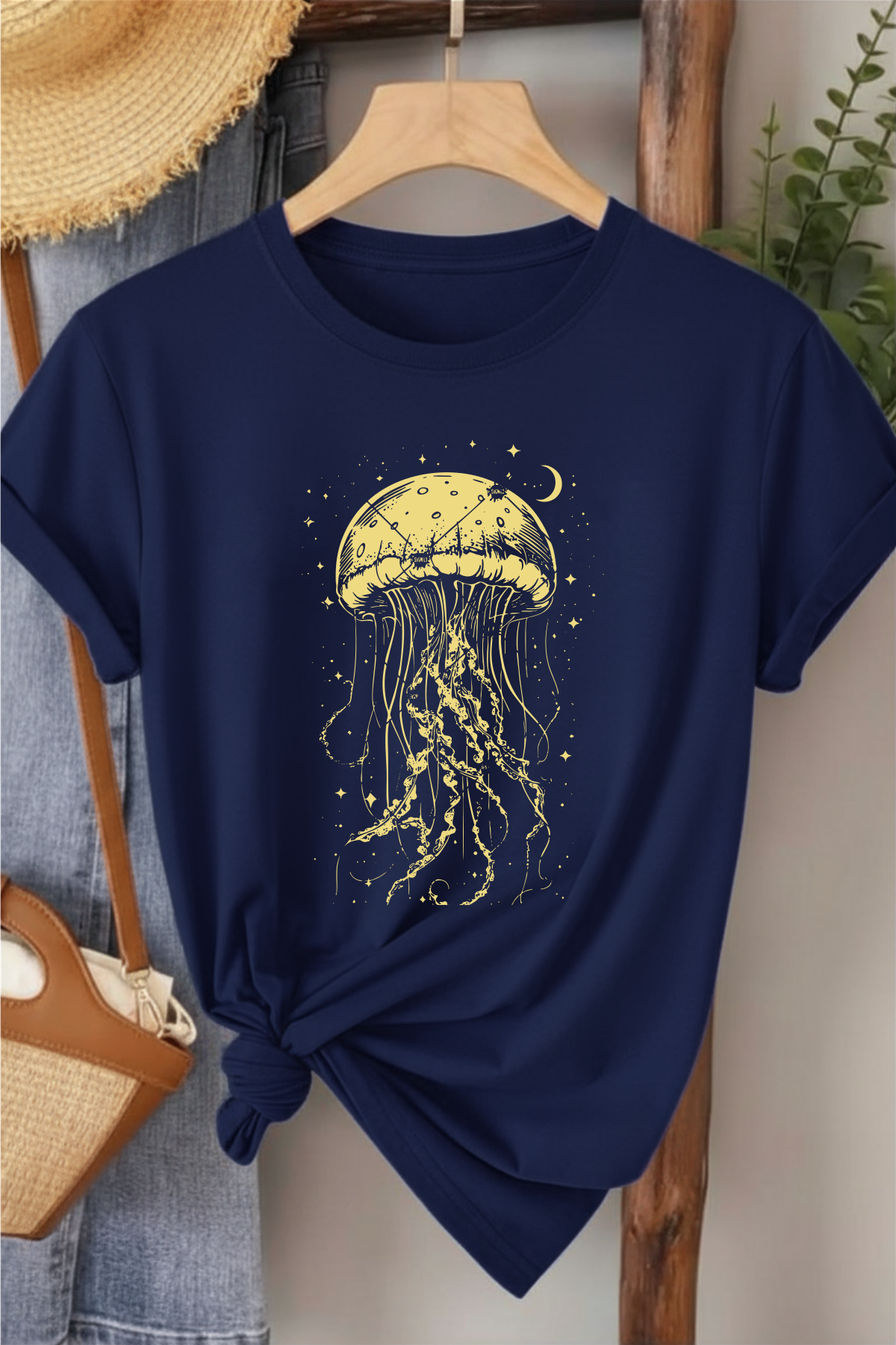 Denizanası  - Lacivert Baskılı Pamuk T-shirt