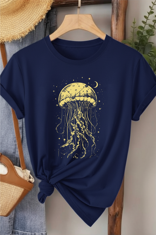 Denizanası  - Lacivert Baskılı Pamuk T-shirt