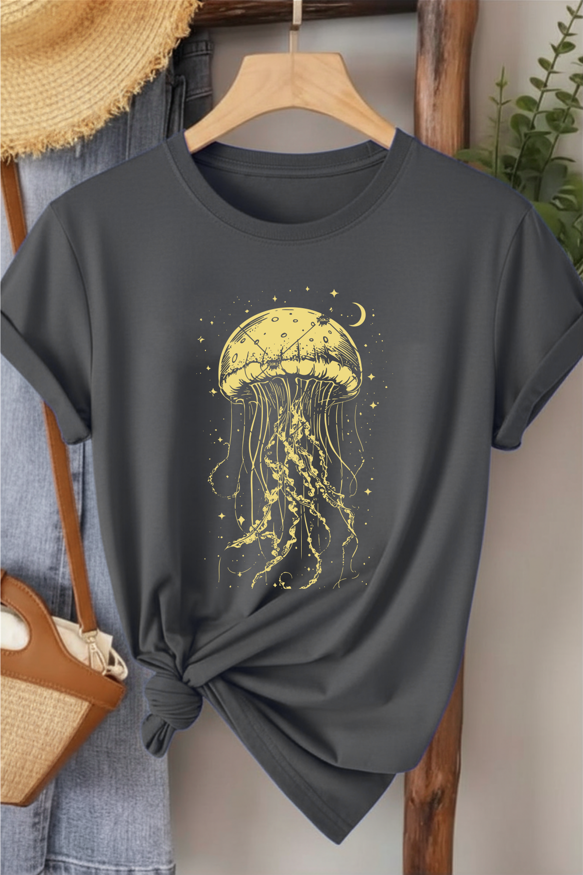 Denizanası  - Gri Baskılı Pamuk T-shirt