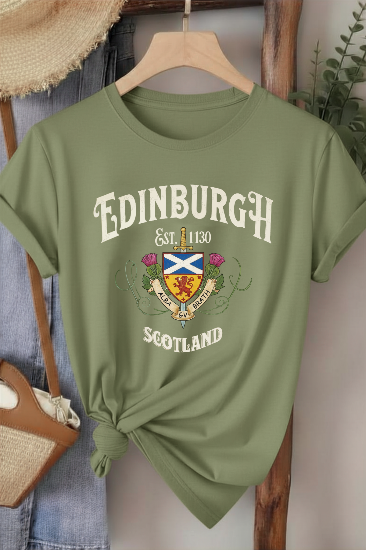 Edinburgh Scotland - Haki Yeşili Baskılı Pamuk T-shirt