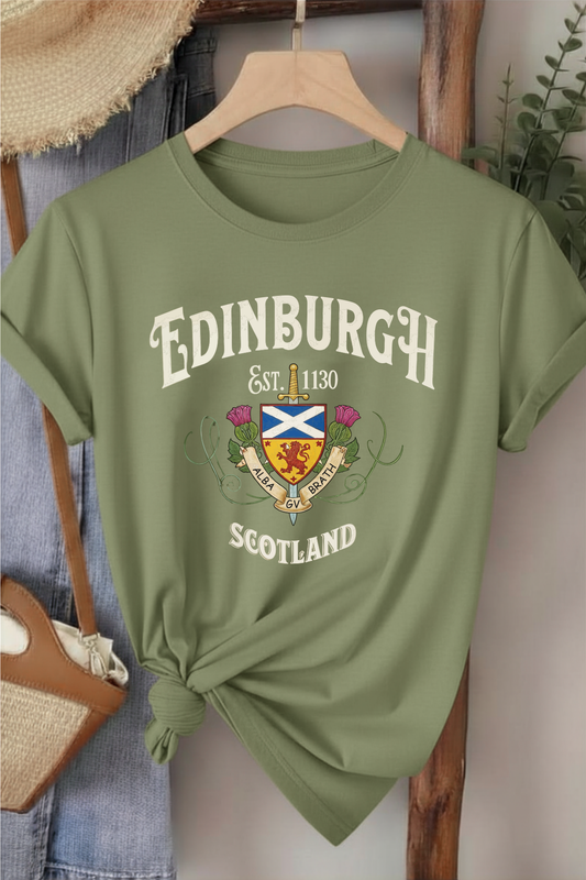 Edinburgh Scotland - Haki Yeşili Baskılı Pamuk T-shirt