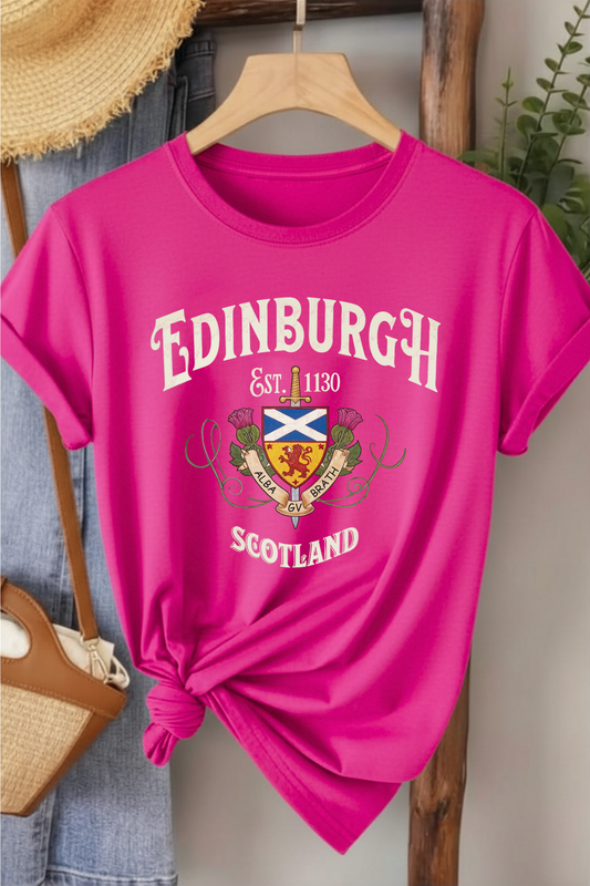 Edinburgh Scotland - Fuşya Baskılı Pamuk T-shirt