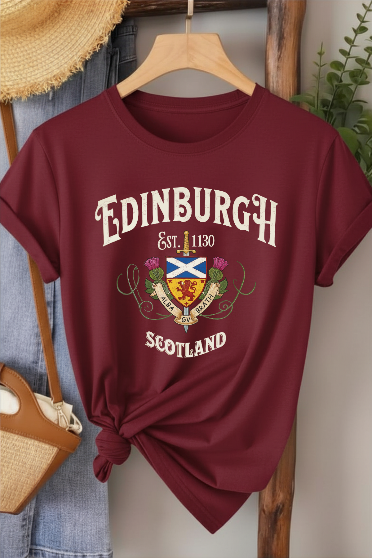 Edinburgh Scotland - Bordo Baskılı Pamuk T-shirt
