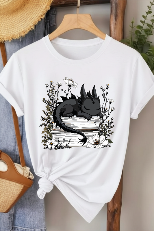 Ejderha & Kitap - Beyaz Baskılı Pamuk T-shirt