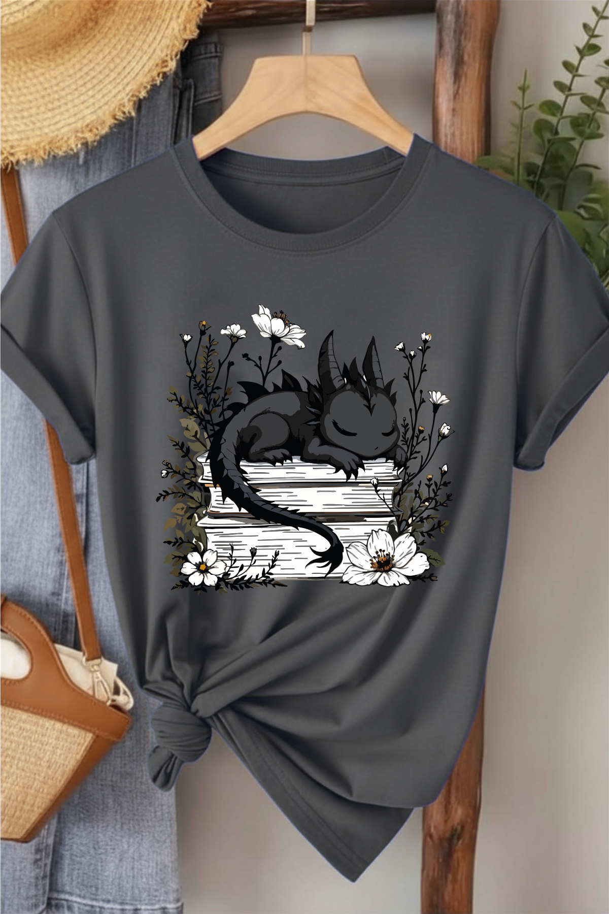 Ejderha & Kitap - Füme Baskılı Pamuk T-shirt