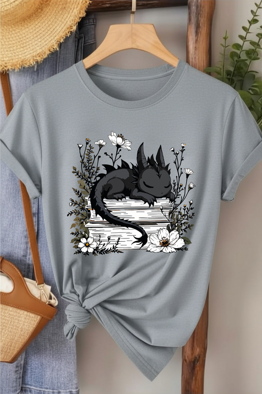Ejderha & Kitap - Gri Baskılı Pamuk T-shirt