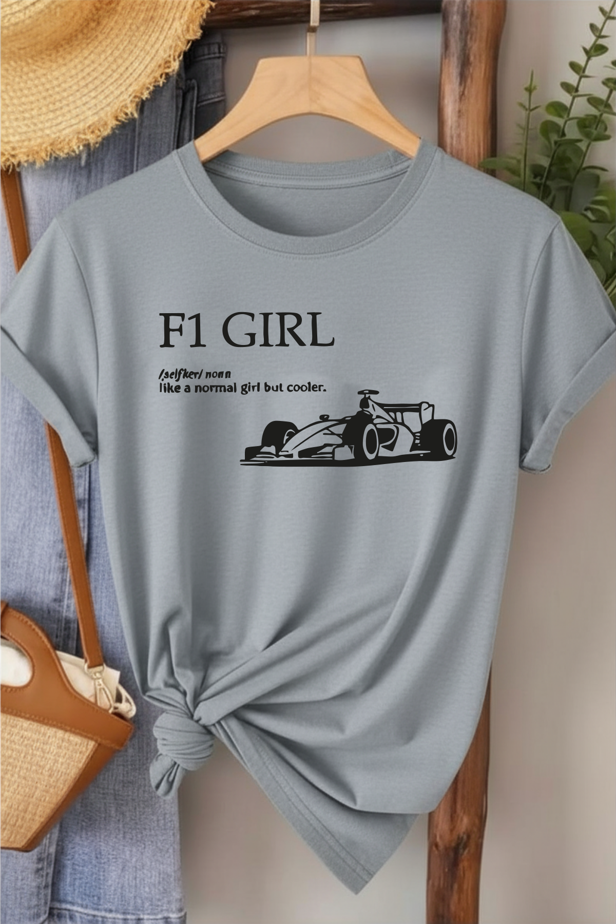 F1 Girl - Gri Baskılı Pamuk T-shirt