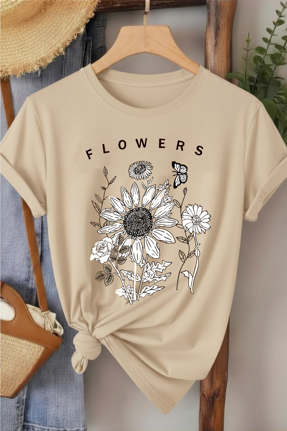 Flowers - Bej Baskılı Pamuk T-shirt