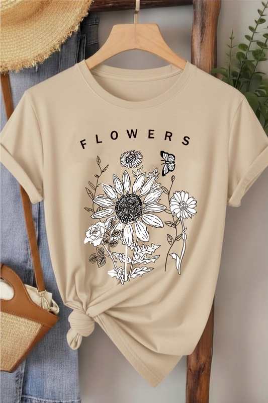 Flowers - Bej Baskılı Pamuk T-shirt