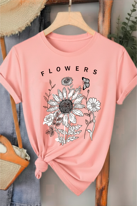 Flowers - Pembe Baskılı Pamuk T-shirt