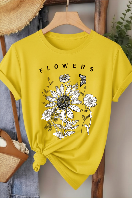 Flowers - Sarı Baskılı Pamuk T-shirt