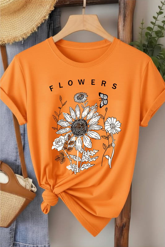 Flowers - Turuncu Baskılı Pamuk T-shirt