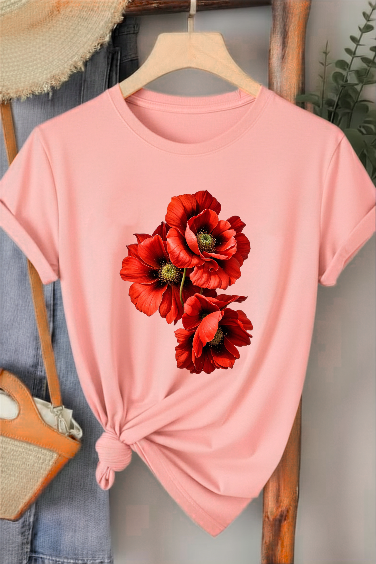 Üçlü Gelincik - Pembe Baskılı Pamuk T-shirt