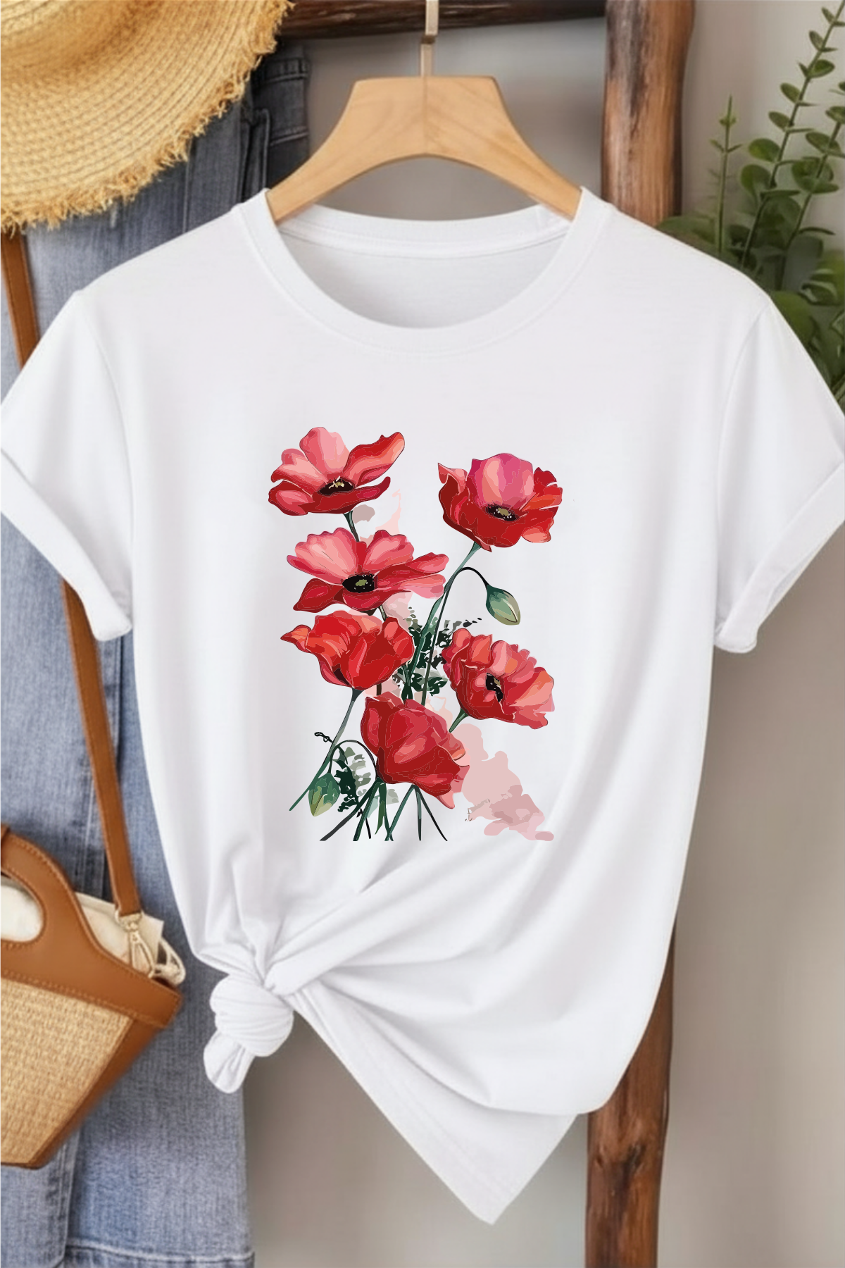 Gelincik - Beyaz Baskılı Pamuk T-shirt