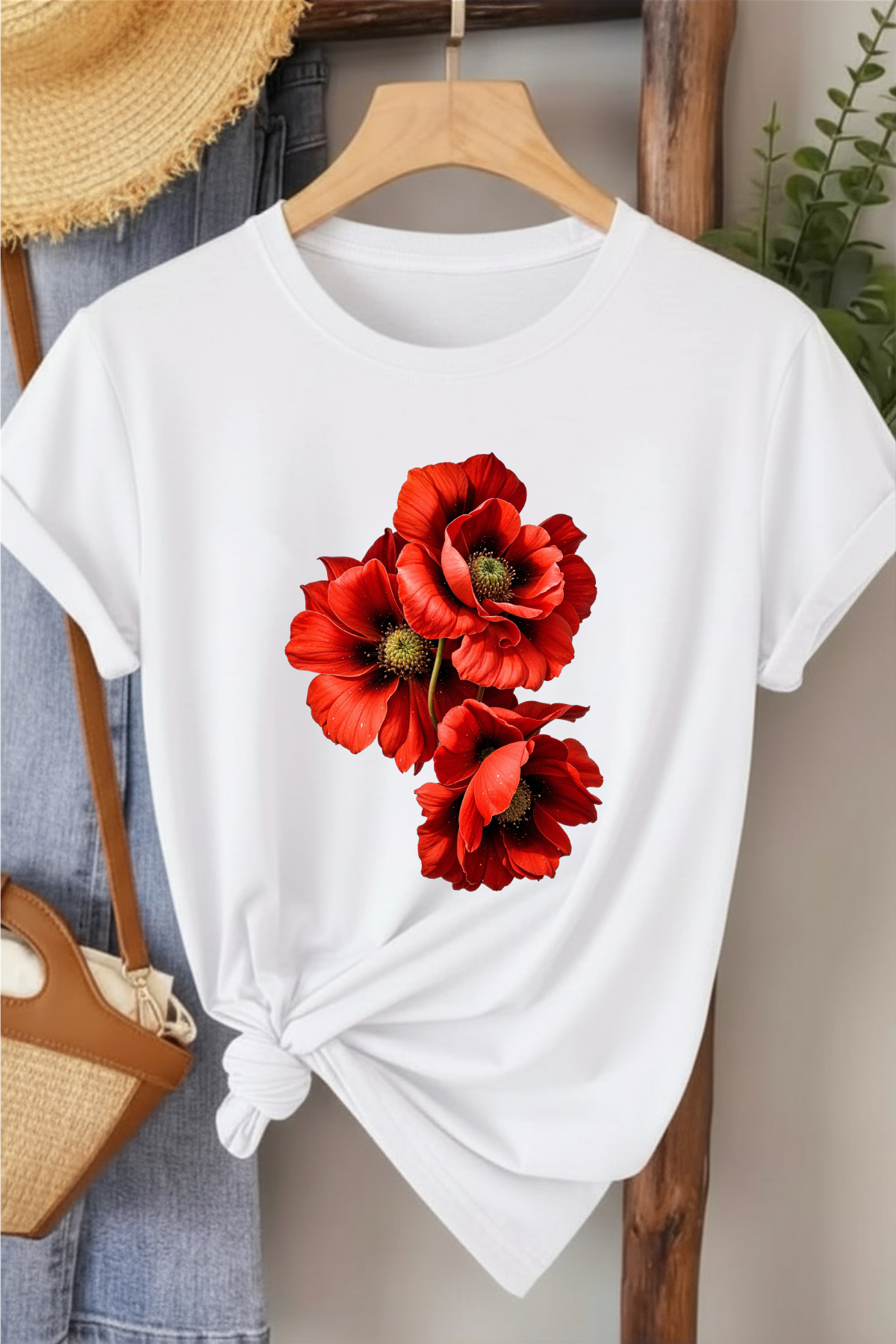 Üçlü Gelincik - Beyaz Baskılı Pamuk T-shirt