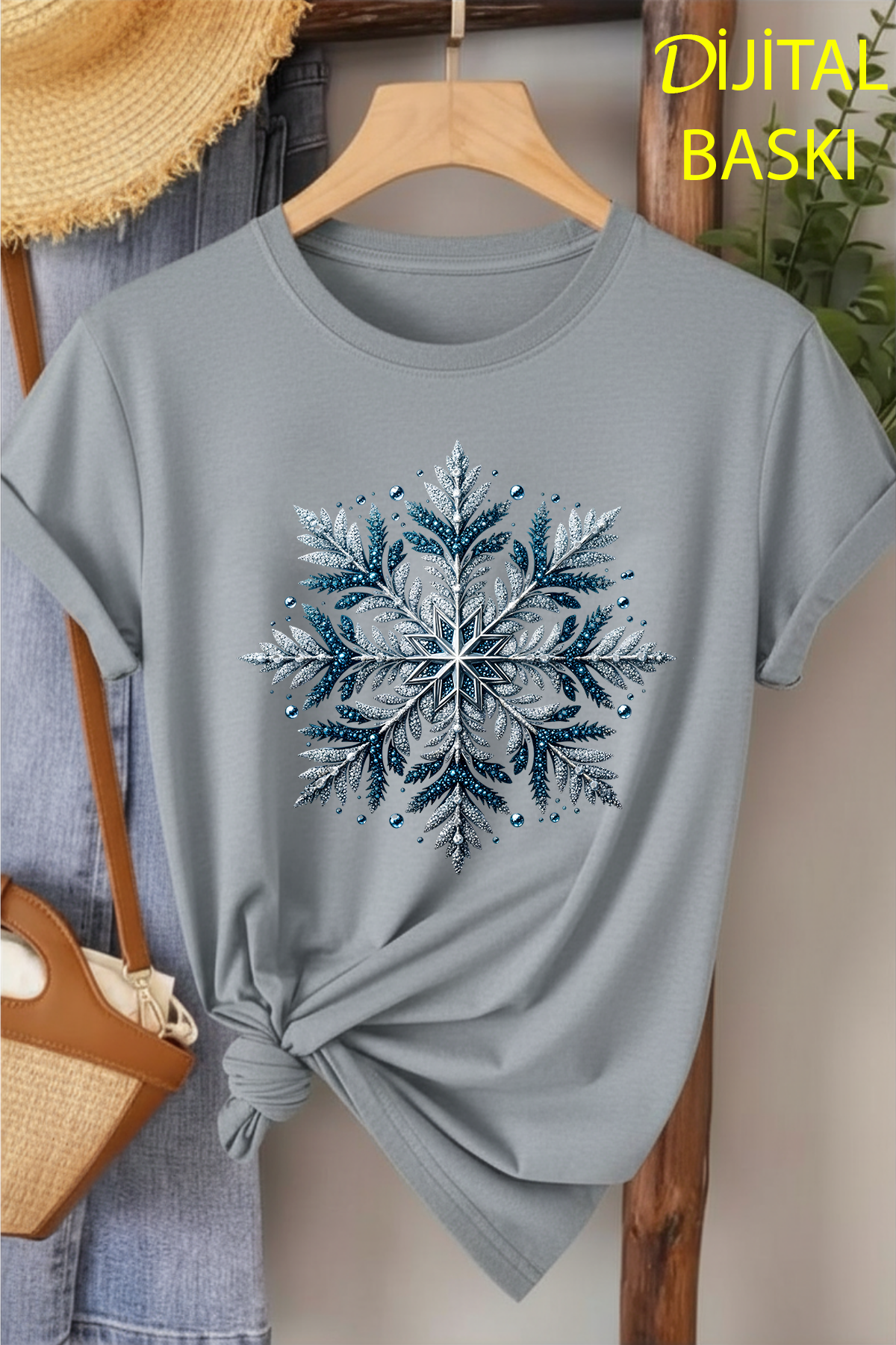 Buz Kristali - Gri Baskılı Pamuk T-shirt