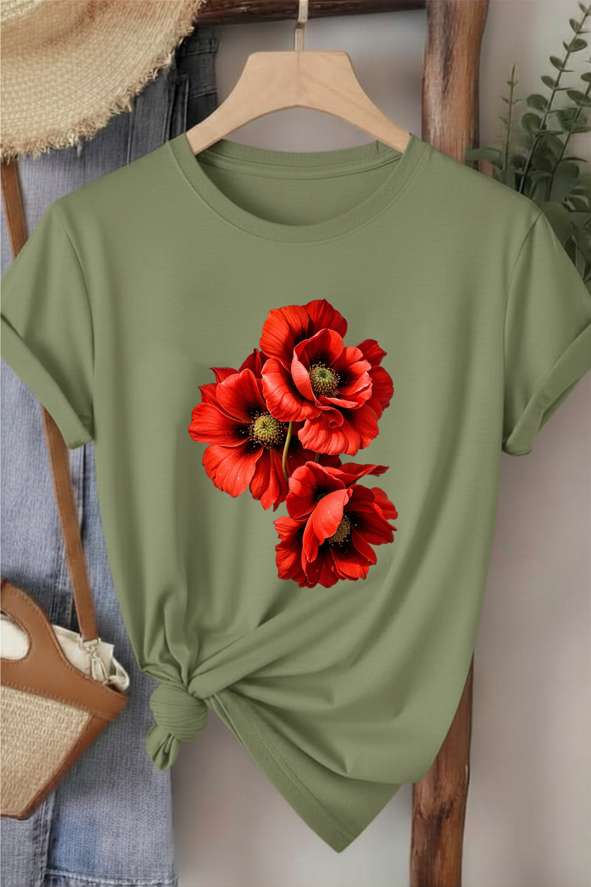 Üçlü Gelincik - Haki Yeşili Baskılı Pamuk T-shirt