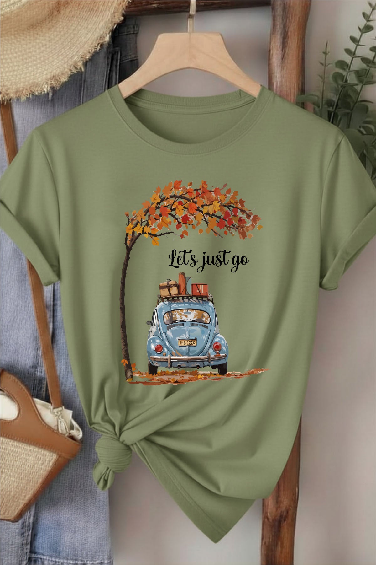 Let's Just Go - Haki Baskılı Pamuk T-shirt