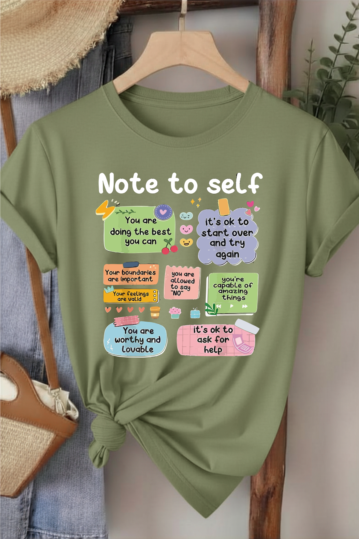 Note To Self  - Haki Yeşili Baskılı Pamuk T-shirt