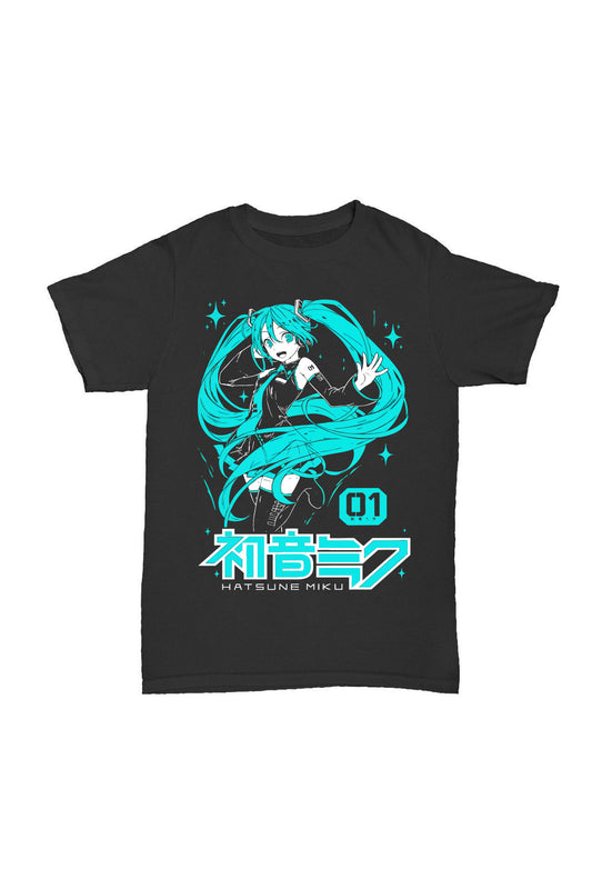 Hatsune Miku - Siyah Baskılı Pamuk T-shirt