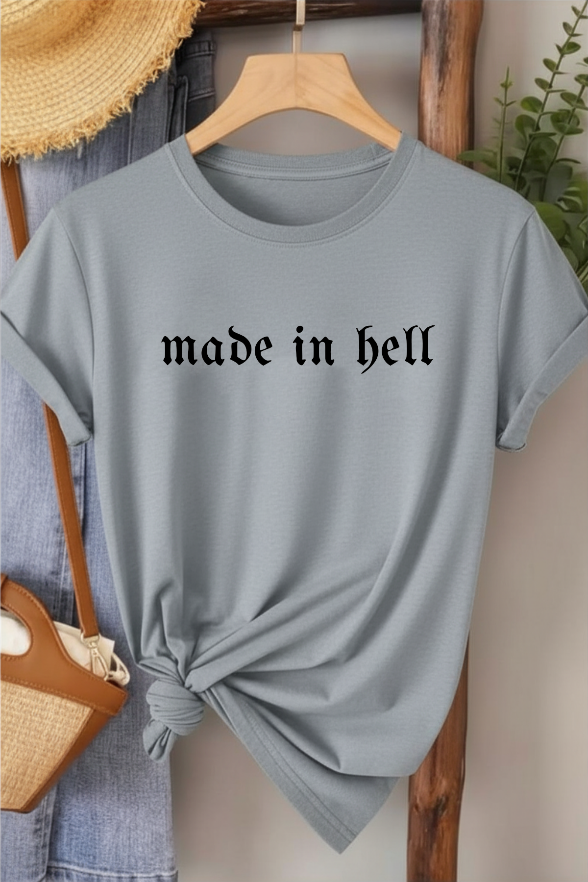 Made in Hell  - Gri Baskılı Pamuk T-shirt
