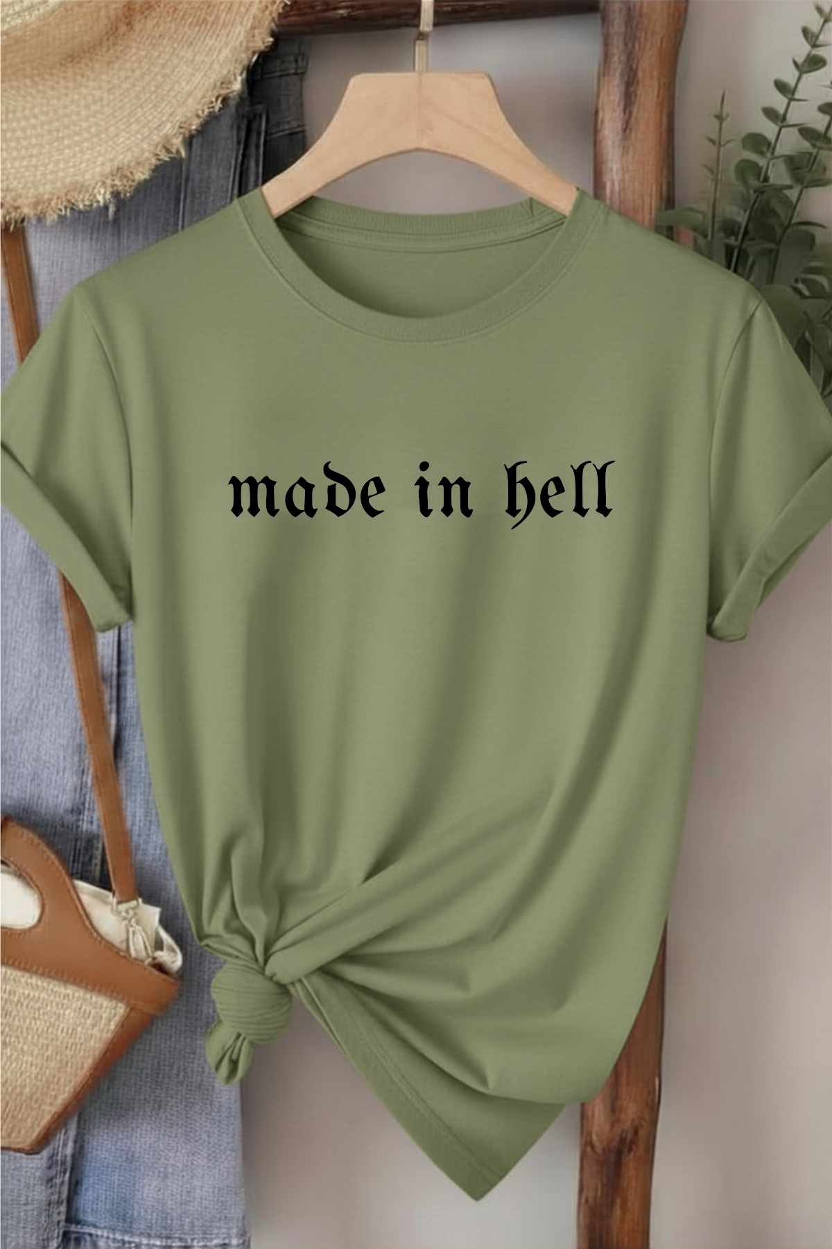 Made in Hell  - Haki Yeşili Baskılı Pamuk T-shirt