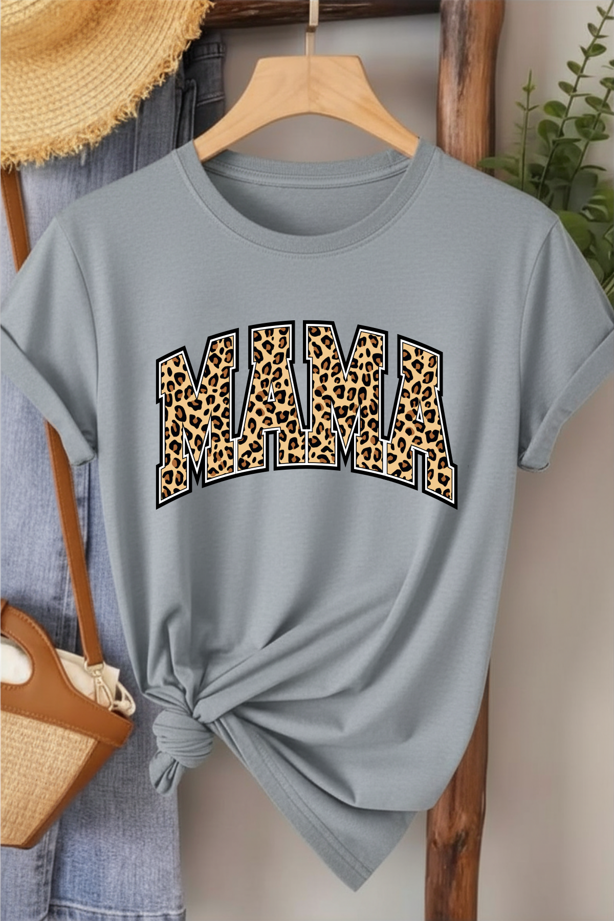 Leopar Mama - Gri Baskılı Pamuk T-shirt