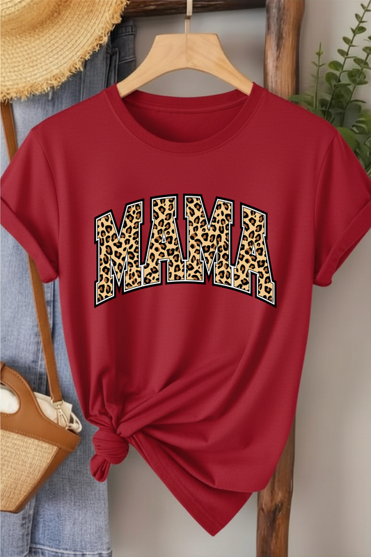 Leopar Mama - Kırmızı Baskılı Pamuk T-shirt