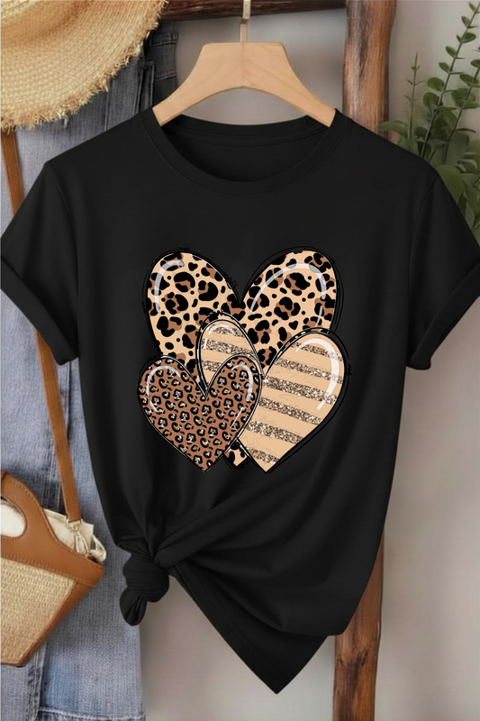 Leopar Üçlü Kalp - Siyah Baskılı Pamuk T-shirt