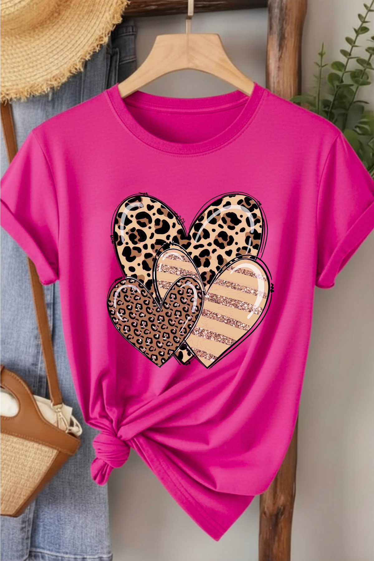 Leopar Üçlü Kalp - Fuşya Baskılı Pamuk T-shirt