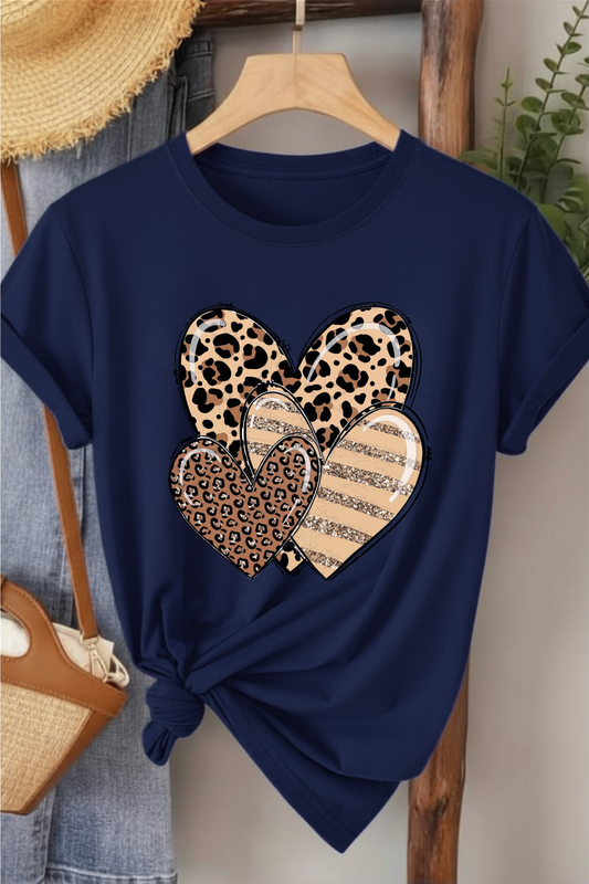 Leopar Üçlü Kalp - Lacivert Baskılı Pamuk T-shirt