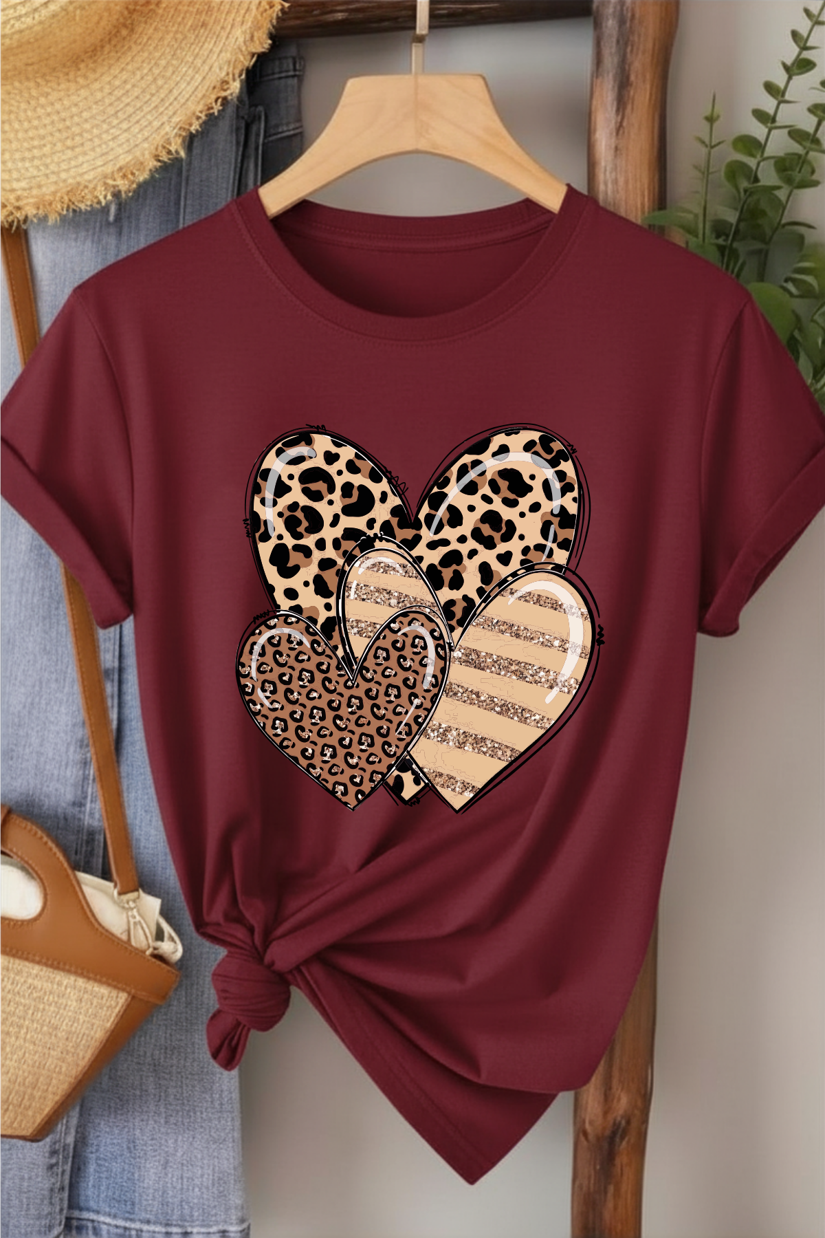 Leopar Üçlü Kalp - Bordo Baskılı Pamuk T-shirt