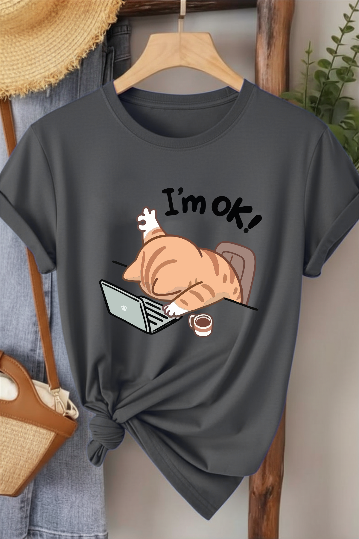 I' m Ok!  - Füme Baskılı Pamuk T-shirt