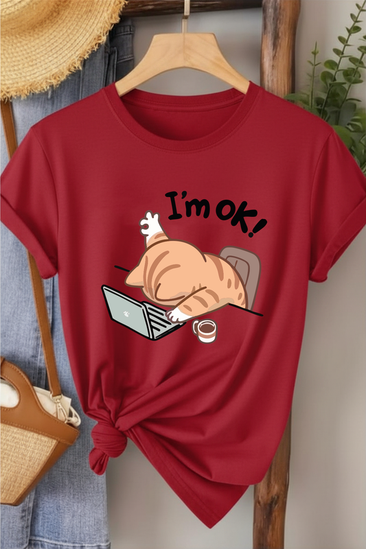 I' m Ok!  - Kırmızı Baskılı Pamuk T-shirt