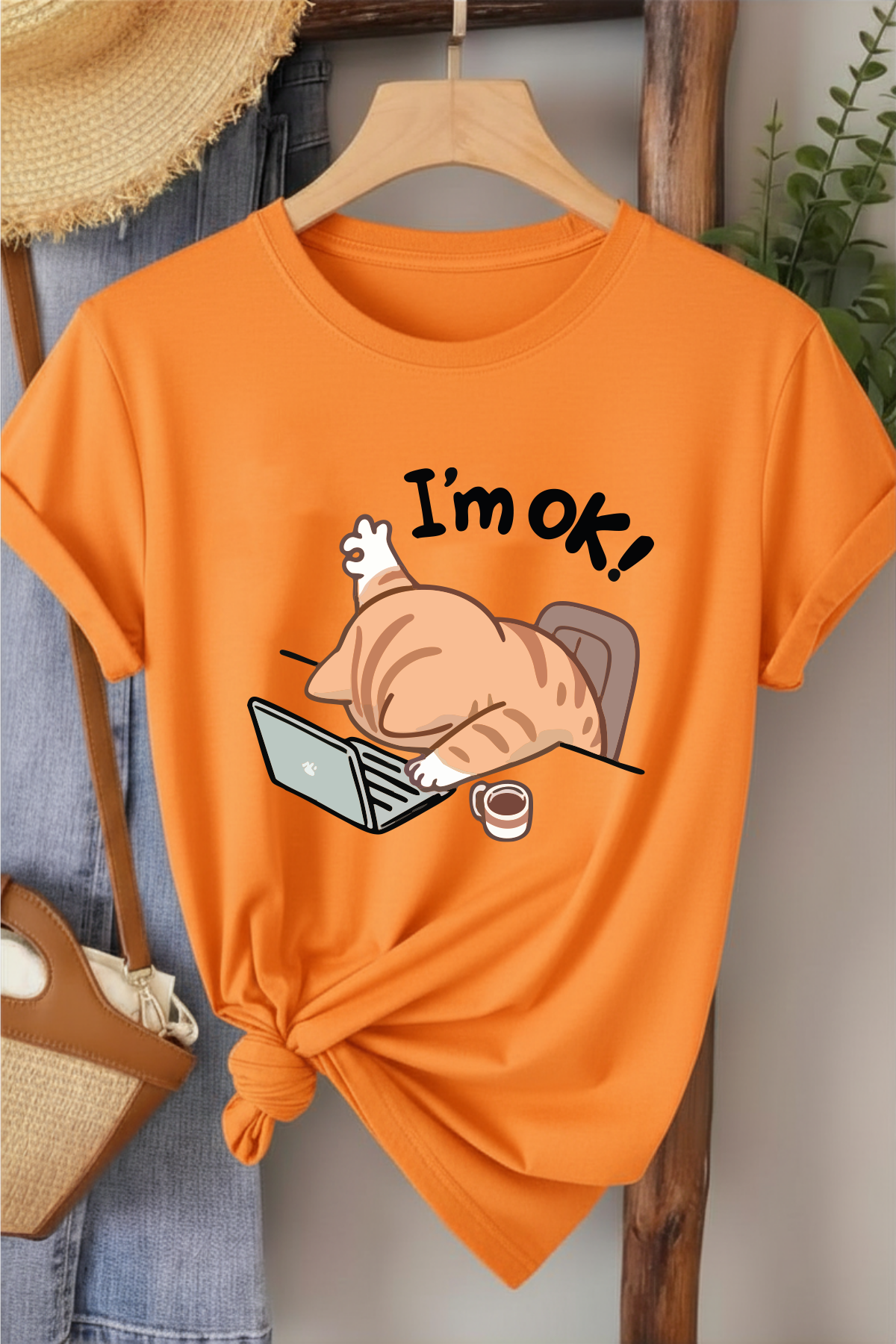 I' m Ok!  - Turuncu Baskılı Pamuk T-shirt