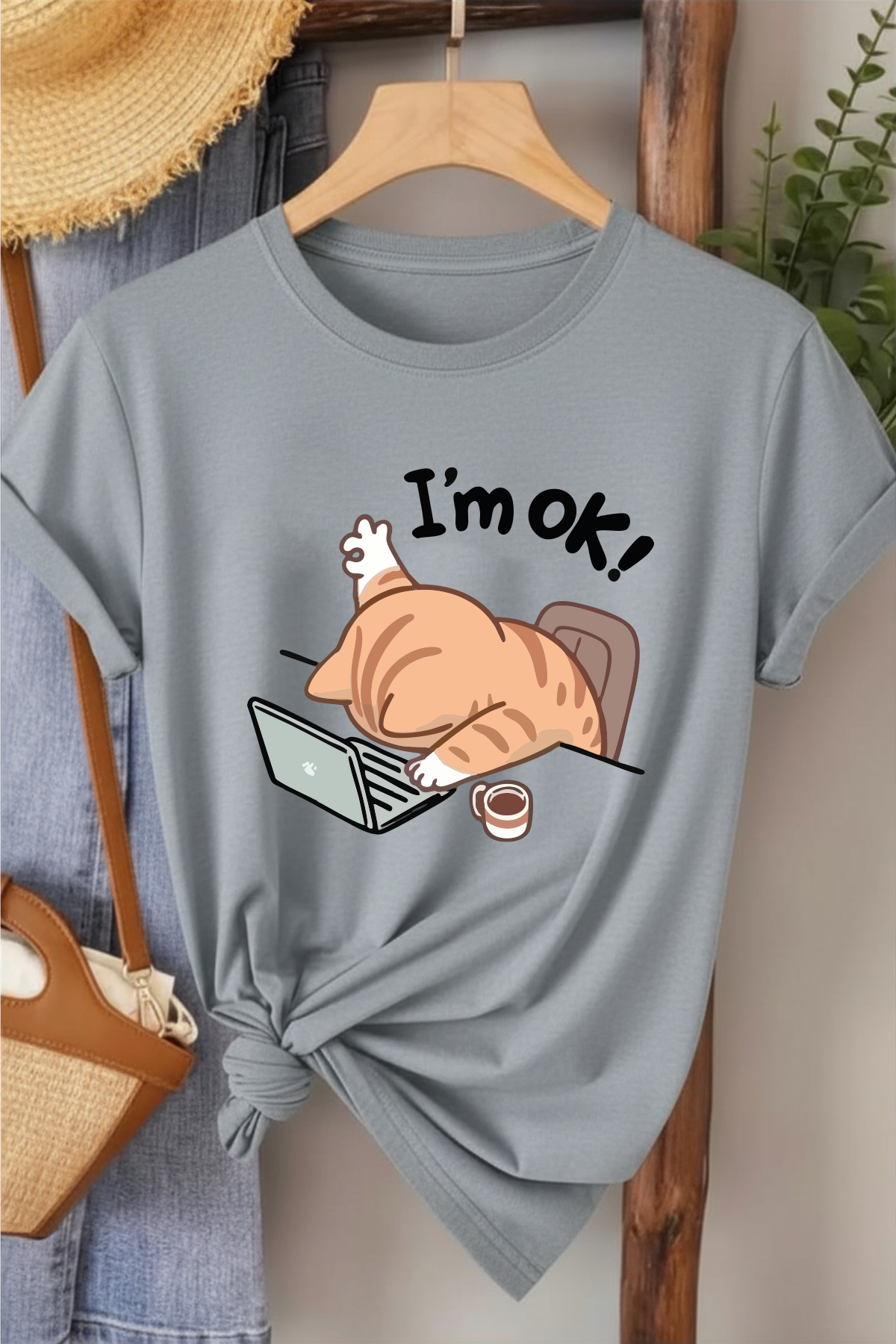 I' m Ok!  - Gri Baskılı Pamuk T-shirt