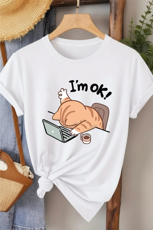 I' m Ok!  - Beyaz Baskılı Pamuk T-shirt