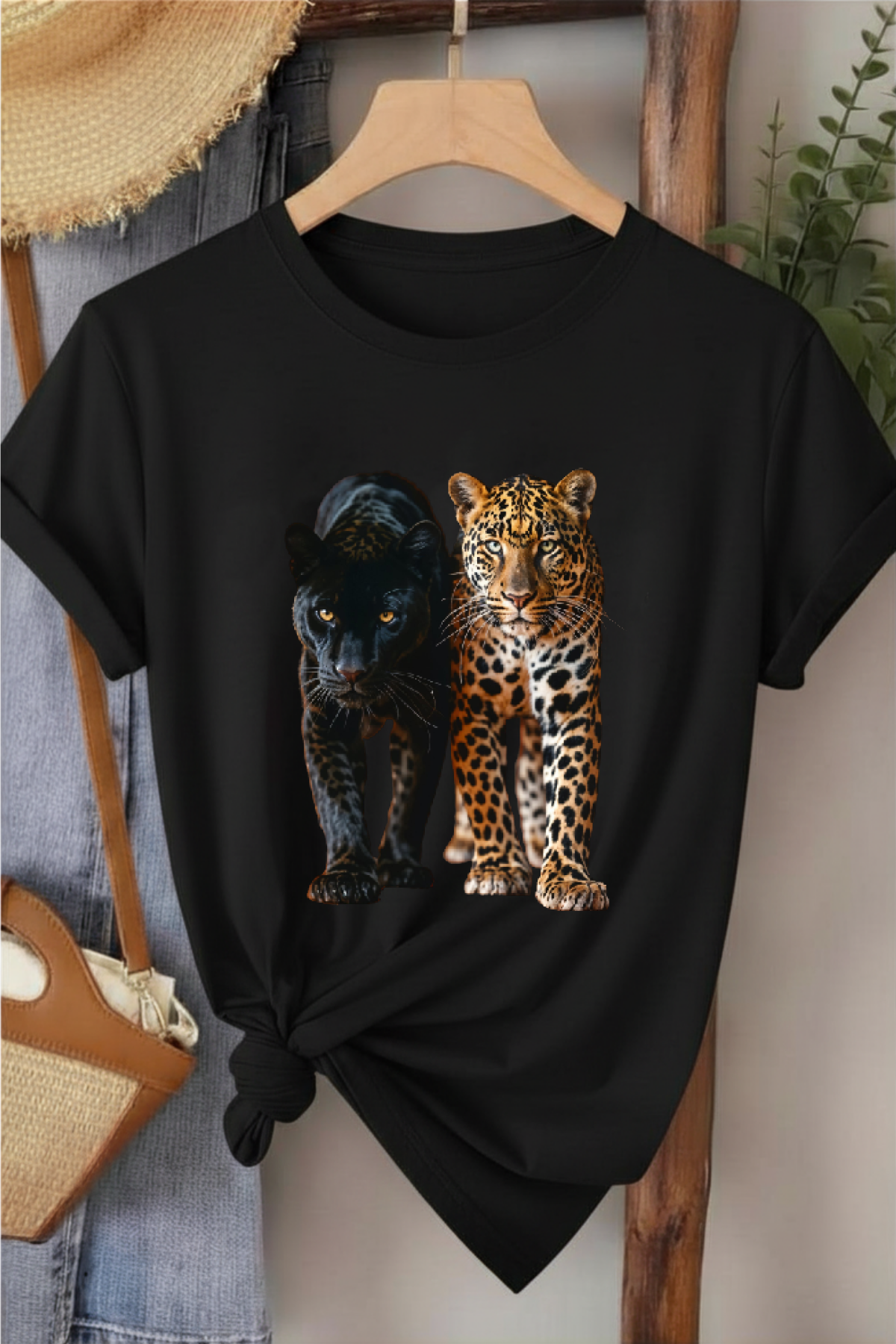 İkili Leopar - Siyah Baskılı Pamuk T-shirt