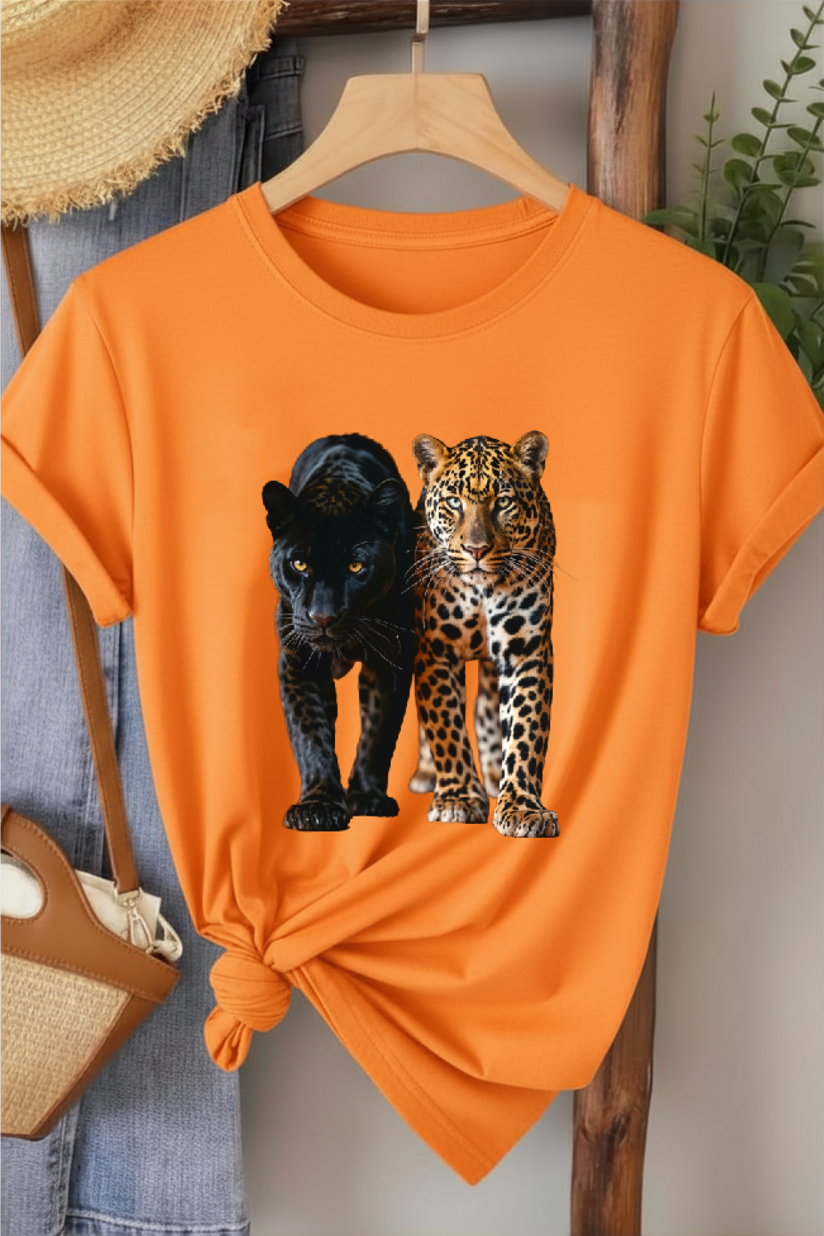İkili Leopar - Turuncu Baskılı Pamuk T-shirt