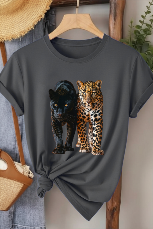 İkili Leopar - Füme Baskılı Pamuk T-shirt